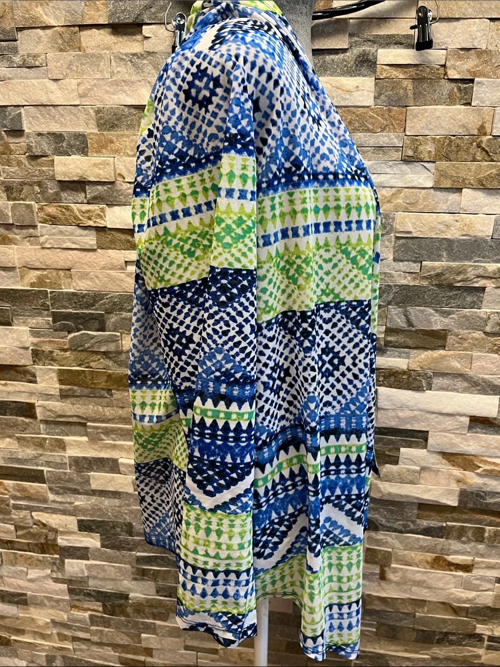 Easy Wear CHICOS Open-Front Patterned Women's Cardigan in Blue and Green